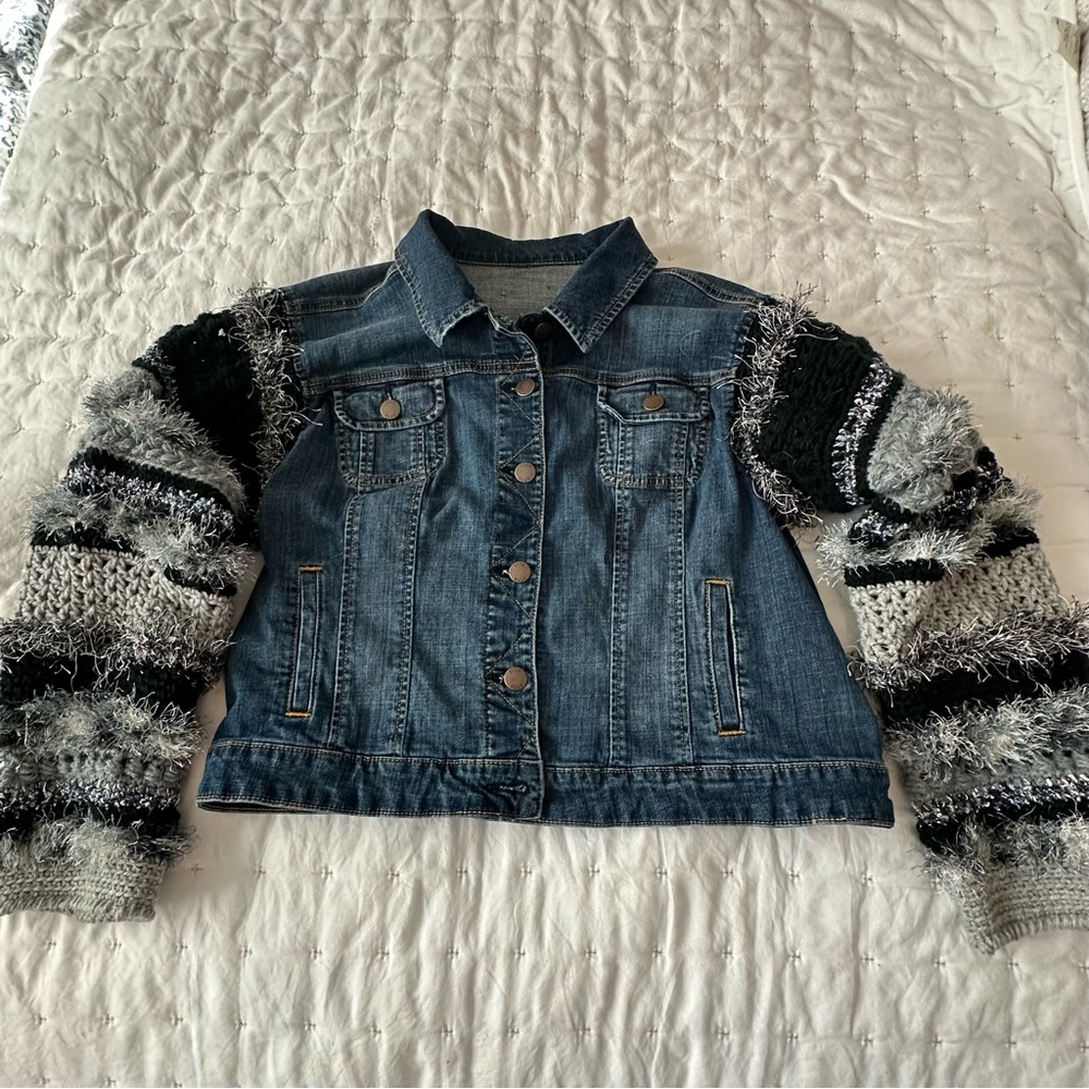 Upcycled Women's Denim Jacket with  Crocheted Textured Sleeves - m/l - Picture 6 of 9